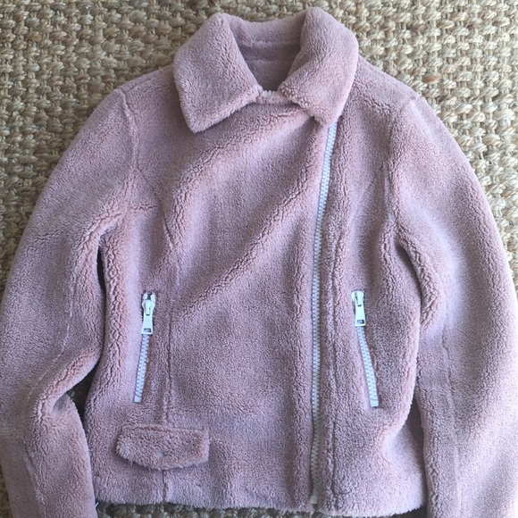 MOTHER Sherpa Fleece Rider Jacket in Tough Girl. Moto. Blush. Size Small - Picture 10 of 16
